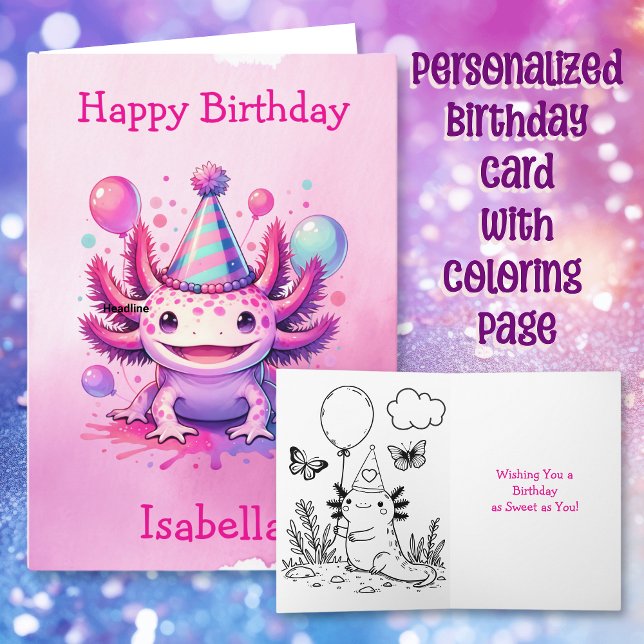 Pink and Purple Axolotl Personalized Birthday Card (Creator Uploaded)