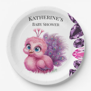 Pink and Purple Baby Peacock Baby Shower Paper Plates