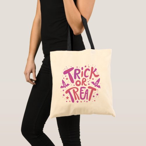 Pink and Purple Bats Stars Trick or Treat Tote Bag