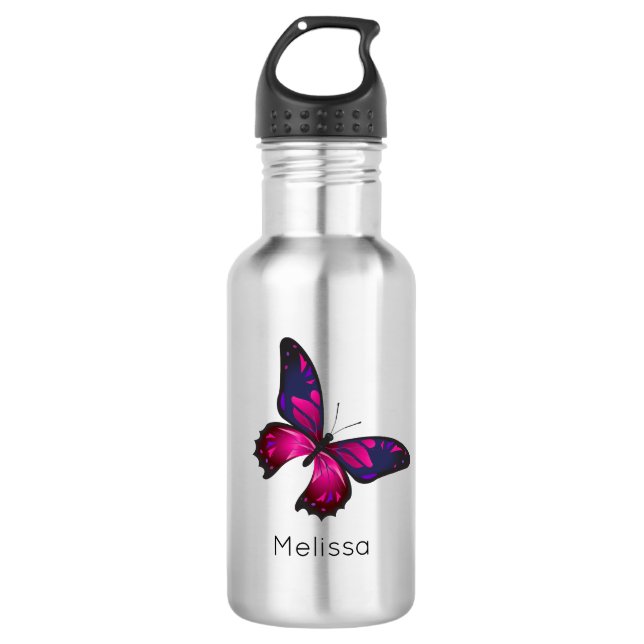 Pink and Purple Buttefly Personalized Stainless Steel Water Bottle (Front)