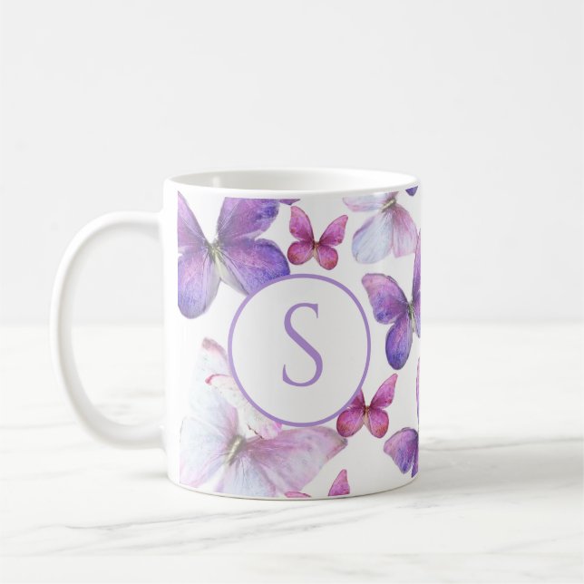 Pink and Purple Butterflies Custom Monogram Coffee Mug (Left)
