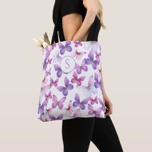 Pink and Purple Butterflies Custom Monogram Tote Bag