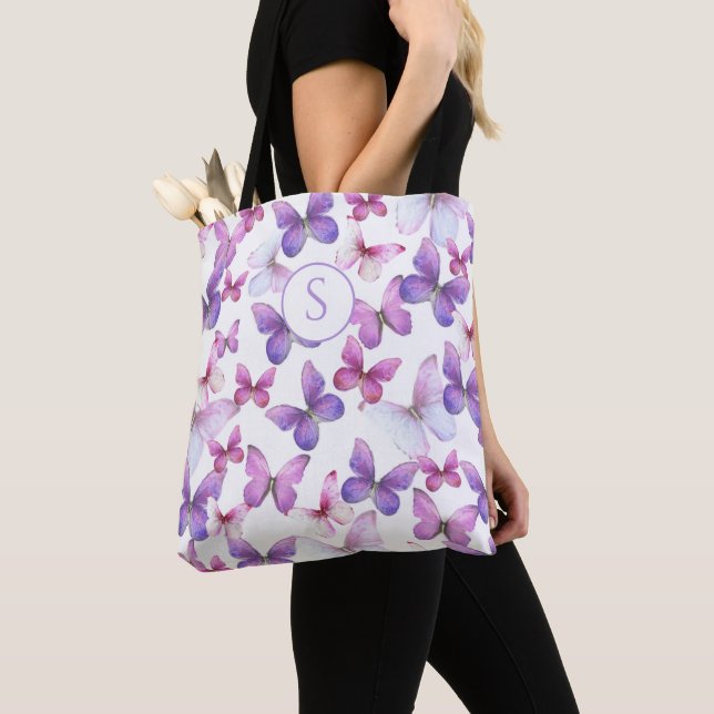 Pink and Purple Butterflies Custom Monogram Tote Bag (Close Up)