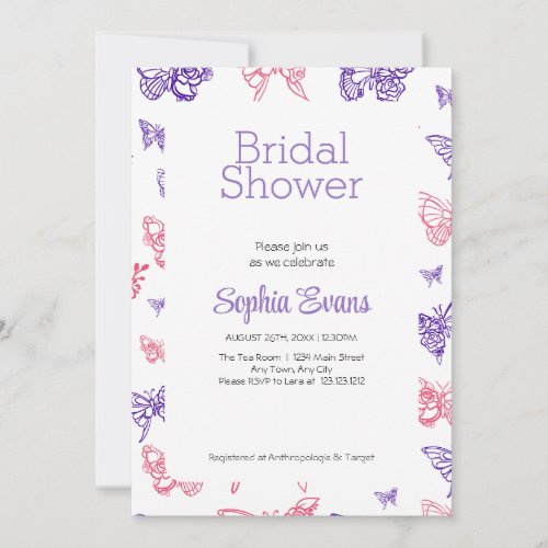 Pink and Purple Butterflies White Bridal Shower Invitation