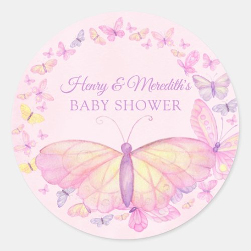 Pink and Purple Butterfly Baby Shower Classic Round Sticker