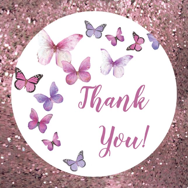 Pink and Purple Butterfly Baby Shower Thank You Classic Round Sticker (Creator Uploaded)