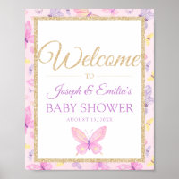 Pink and Purple Butterfly Baby Shower Welcome Poster