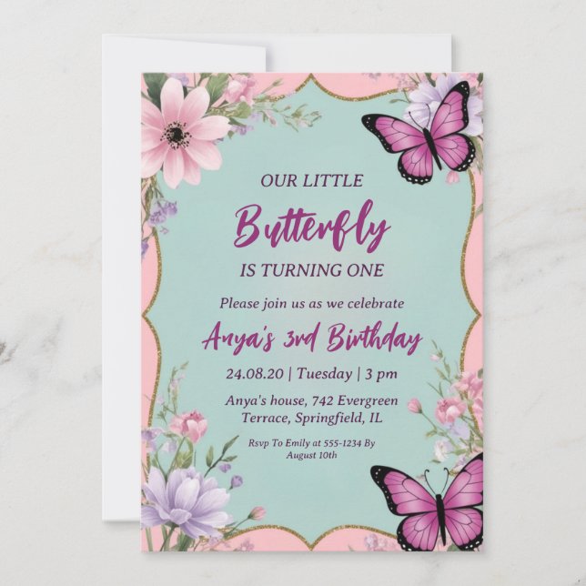 pink and purple butterfly birthday invitations (Front)