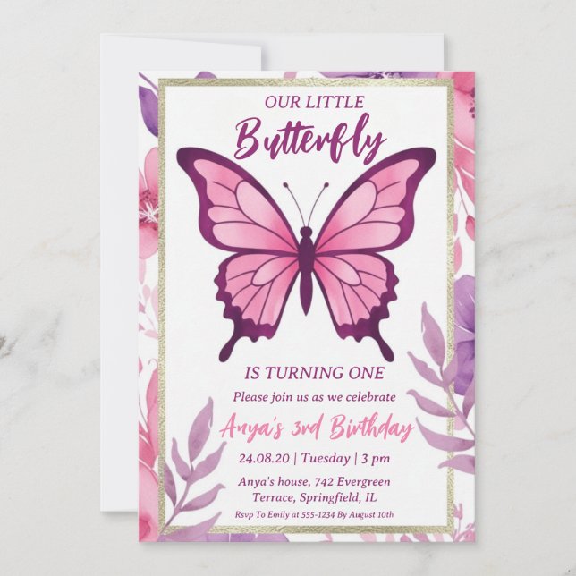 pink and purple butterfly birthday invitations (Front)