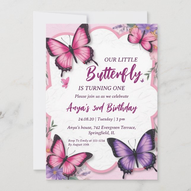 pink and purple butterfly birthday invitations (Front)