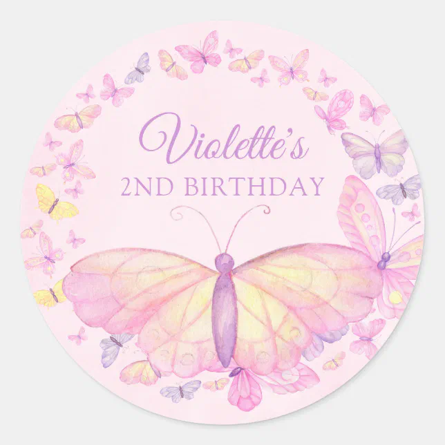 Pink and Purple Butterfly Birthday Party Classic Round Sticker | Zazzle