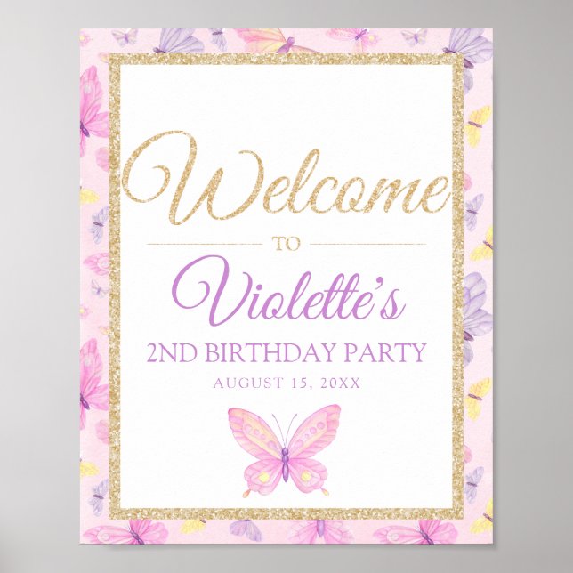 Pink and Purple Butterfly Birthday Party Welcome Poster (Front)