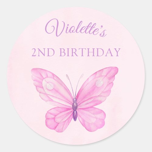 Pink and Purple Butterfly Childrens Birthday Classic Round Sticker