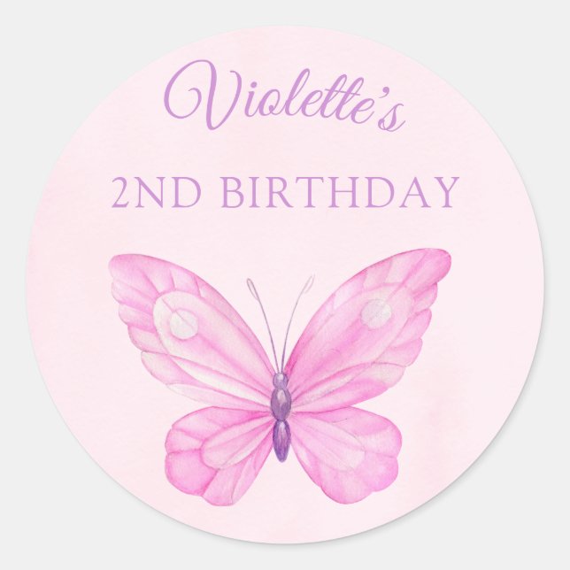 Pink and Purple Butterfly Children's Birthday Classic Round Sticker (Front)