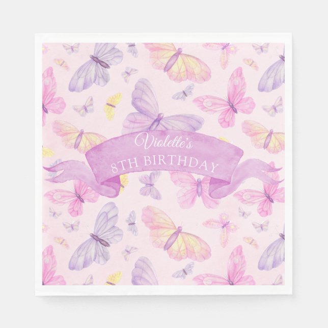 Pink and Purple Butterfly Custom Birthday Napkins (Front)