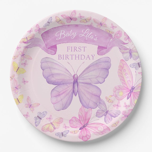 Pink and Purple Butterfly Custom First Birthday Paper Plates (Front)