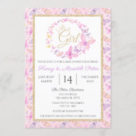 Pink and Purple Butterfly Girls Baby Shower Invitation