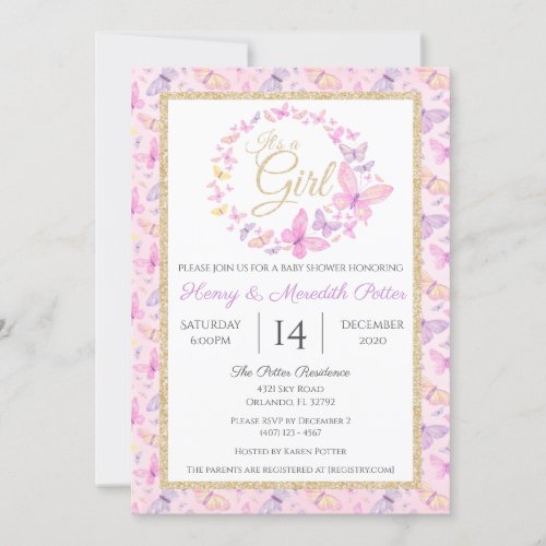 Pink and Purple Butterfly Girls Baby Shower Invitation