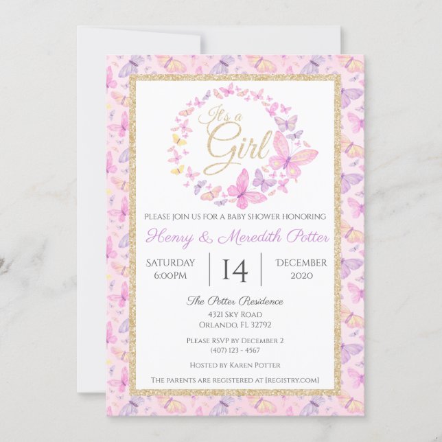 Pink and Purple Butterfly Girls Baby Shower Invitation (Front)