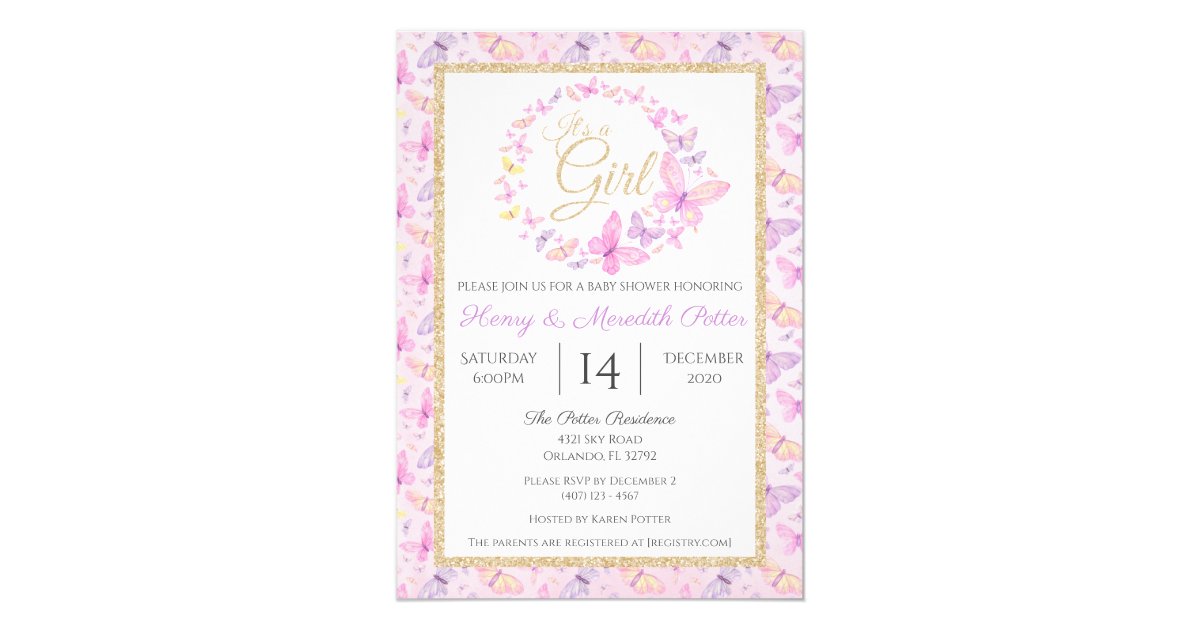 Pink and Purple Butterfly Girls Baby Shower Invitation | Zazzle.com