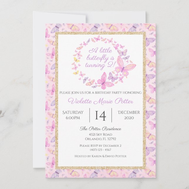 Pink and Purple Butterfly Girls Birthday Party Invitation (Front)