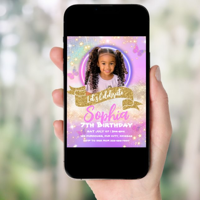Pink and Purple Butterfly Kids Birthday Invitation (Front Digital)
