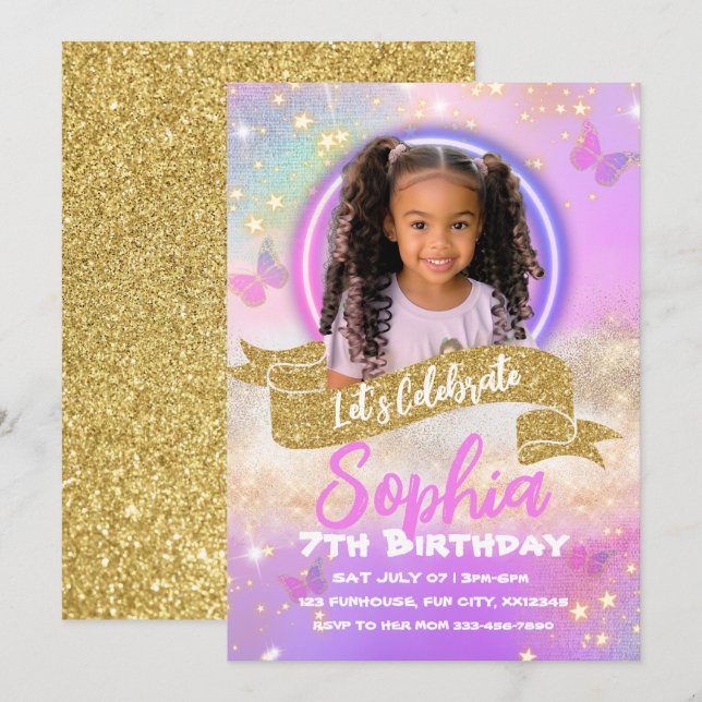 Pink and Purple Butterfly Kids Birthday Invitation (Front/Back)
