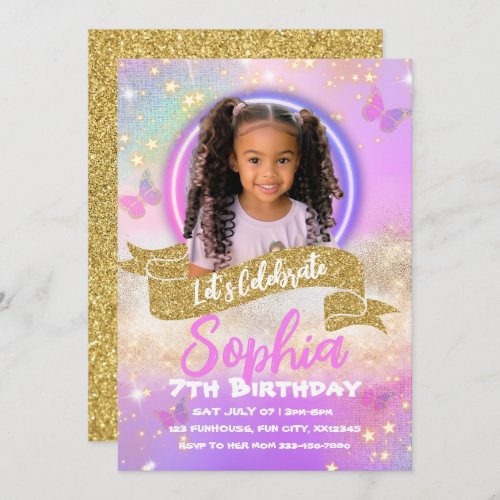 Pink and Purple Butterfly Kids Birthday Invitation
