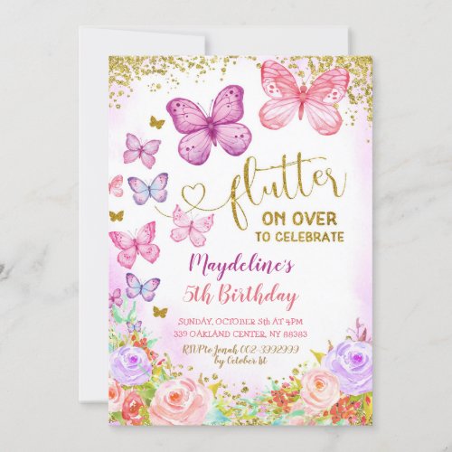 Pink and Purple Butterfly Kids Birthday Invite