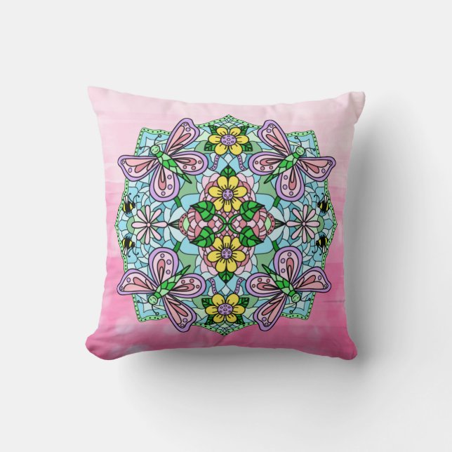 Pink and Purple Butterfly Mandala Throw Pillow (Front)