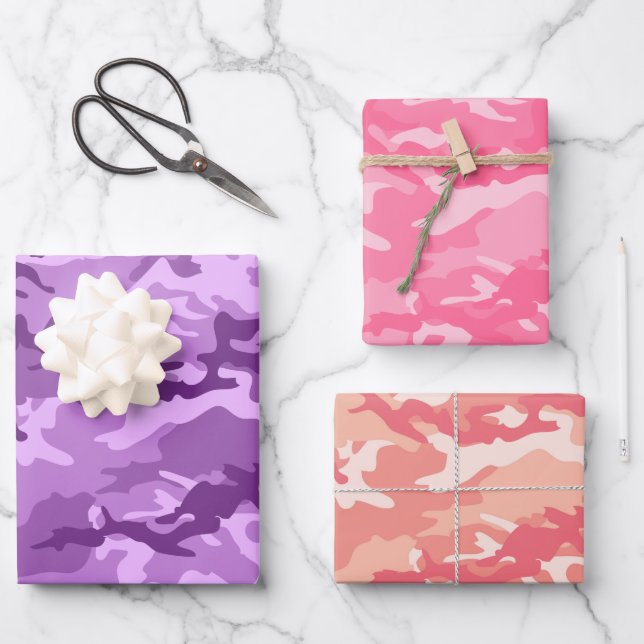 Pink and Purple Camo Camouflage Wrapping Paper Sheets (Front)