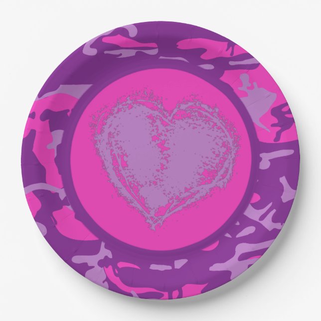 Pink and Purple Camo with Heart Paper Plates (Front)