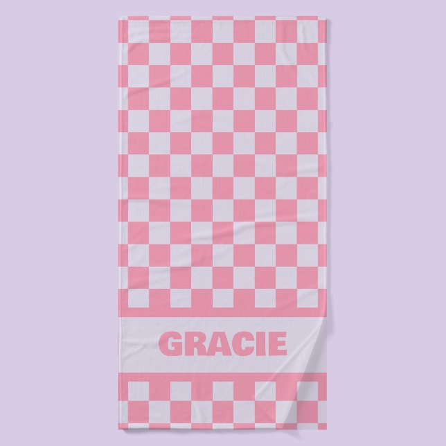 Pink and Purple Checkerboard Custom Name Towel (Bath Towel)