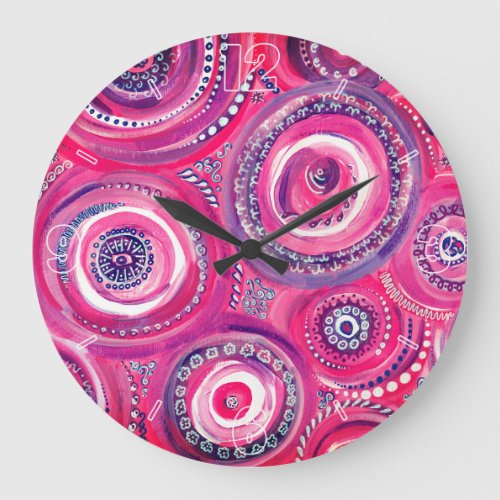 Pink and Purple Circles and Swirls Abstract Large Clock