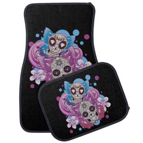 Pink and Purple Circles Sugar Skull Butterflies Car Floor Mat