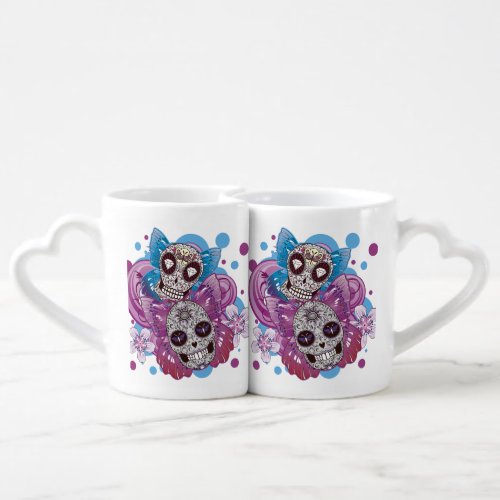 Pink and Purple Circles Sugar Skull Butterflies Coffee Mug Set