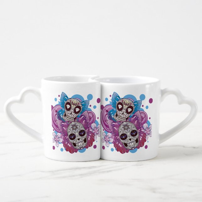 Pink and Purple Circles Sugar Skull Butterflies Coffee Mug Set (Back Nesting)