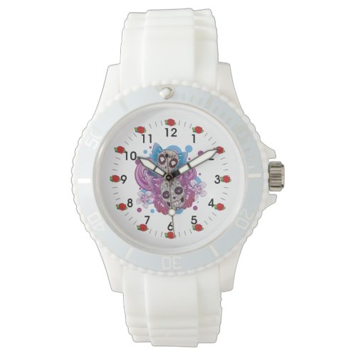 Pink and Purple Circles Sugar Skull Butterflies Watch
