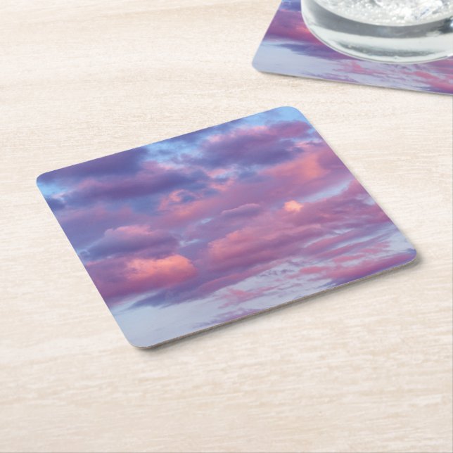 Pink and Purple Clouds Square Paper Coaster (Angled)