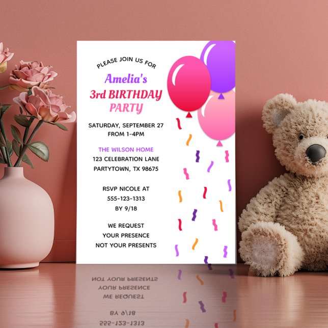 Pink and Purple Confetti and Balloons Birthday Invitation (Creator Uploaded)