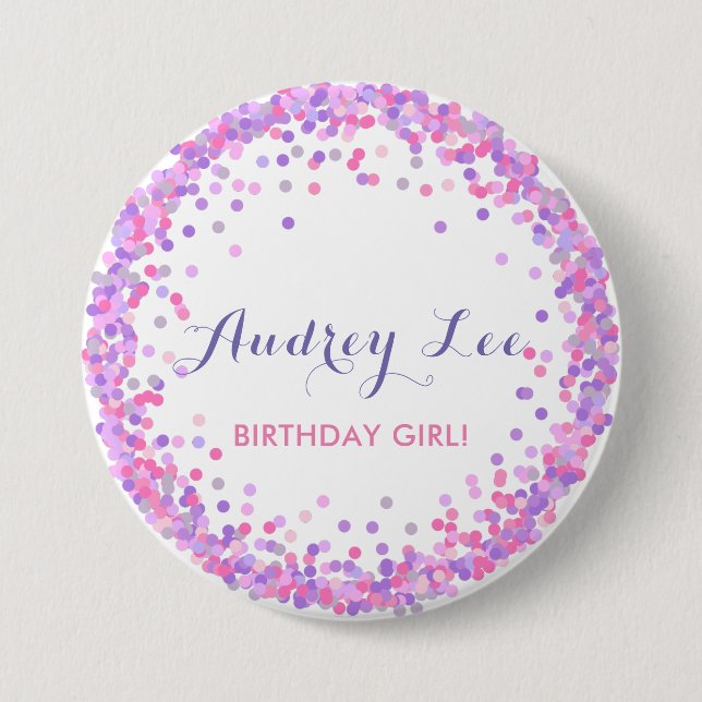 Pink and purple confetti birthday girl button (Front)