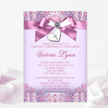 Pink And Purple Cross First Communion Invitation by InvitationCentral at Zazzle