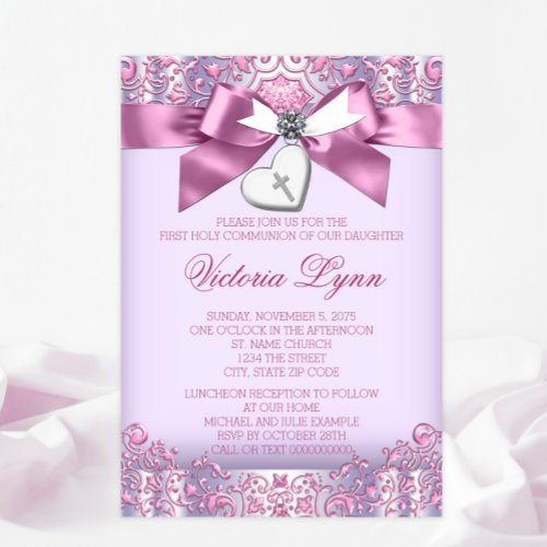 Pink and Purple Cross First Communion Invitation