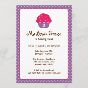 Pink and Purple Cupcake Polka Dot Birthday Party Invitation