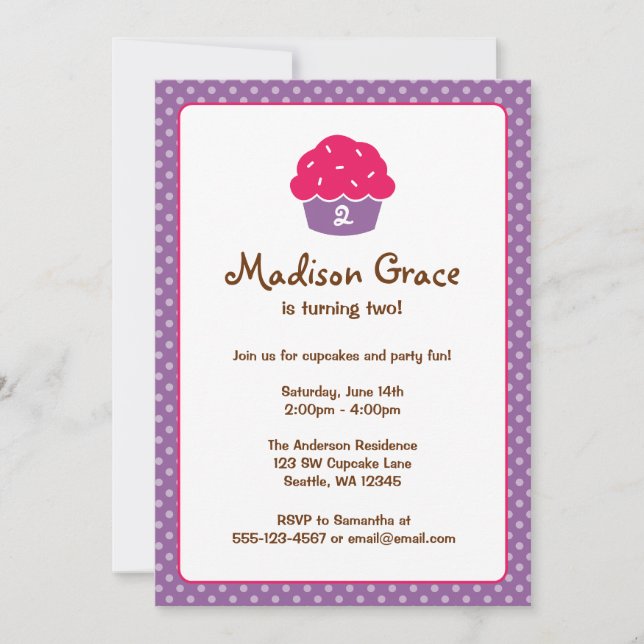 Pink and Purple Cupcake Polka Dot Birthday Party Invitation (Front)