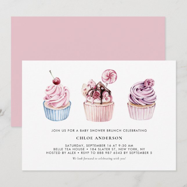 Pink and Purple Cupcakes Baby Shower Brunch Invitation (Front/Back)