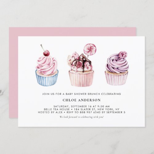 Pink and Purple Cupcakes Baby Shower Brunch Invitation