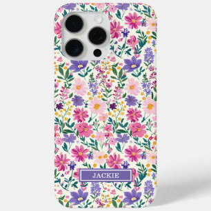 Pink and Purple Ditsy Flowers Monogrammed iPhone 15 Pro Max Case
