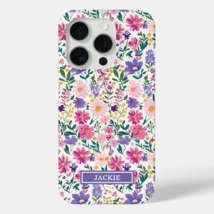 Pink and Purple Ditsy Flowers Monogrammed iPhone 15 Pro Case