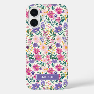 Pink and Purple Ditsy Flowers Monogrammed iPhone 16 Case